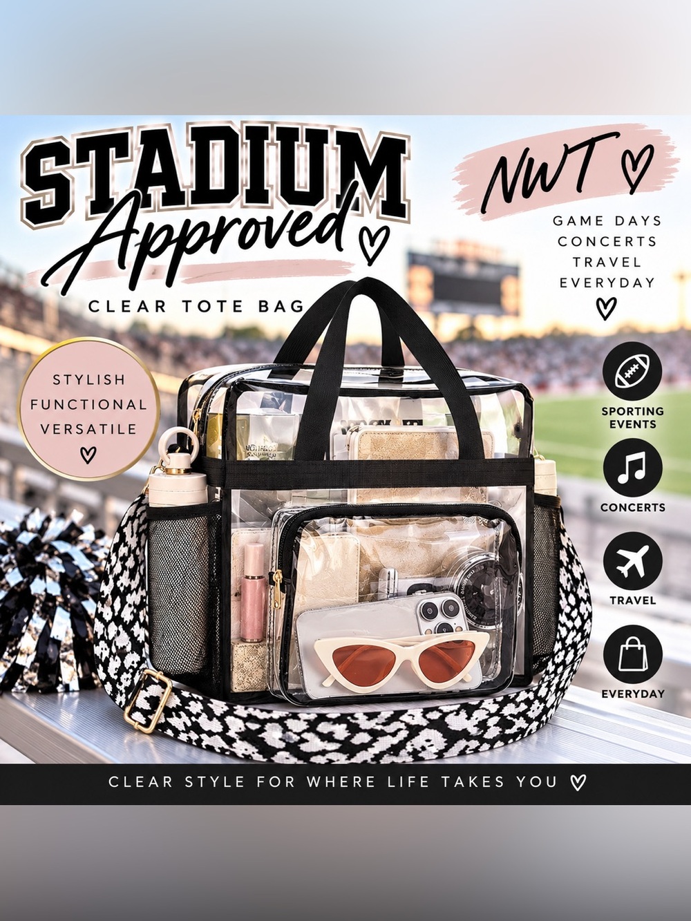 NWT Clear Stadium Approved Tote Bag Black White Crossbody Strap - Picture 8 of 8